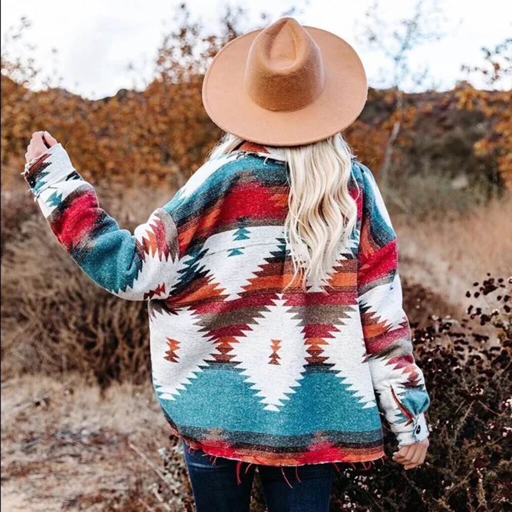 Aztec Western Distressed Button Pocket Shacket Ye… - image 2